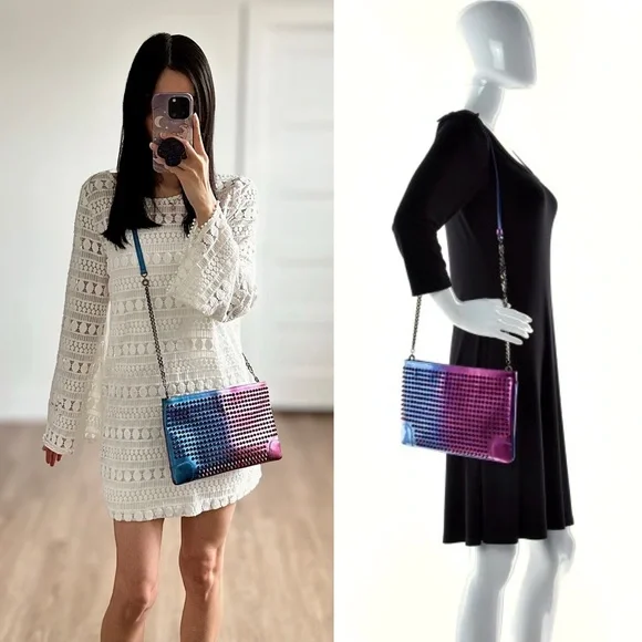 ✨CHRISTIAN LOUBOUTIN Loubiposh Patent Scarabe Spikes Chain Clutch Bag Rose Blue - Picture 16 of 16